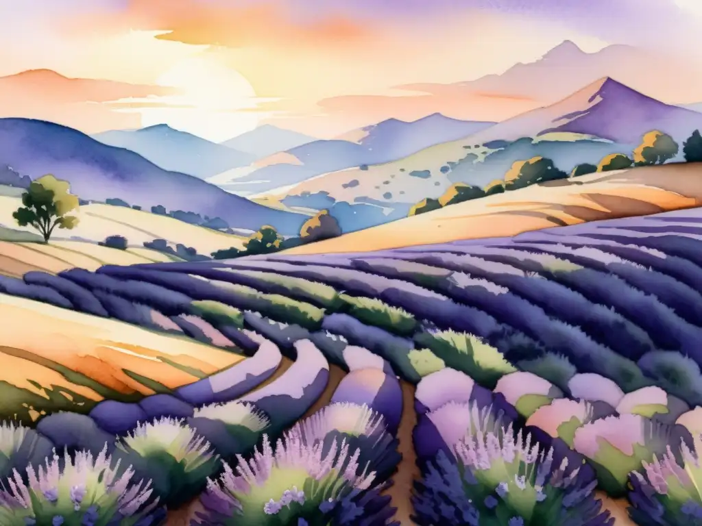 Aceites esenciales para estrés y ansiedad: Ilustración serena de un campo de lavanda en la hora dorada, con suaves sombras y atmósfera tranquila