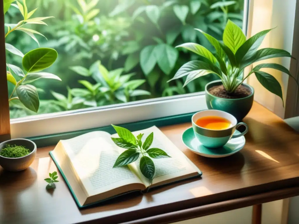 Acogedor rincón de estudio con plantas medicinales para mejorar concentración, luz natural y un libro abierto sobre la mesa de madera