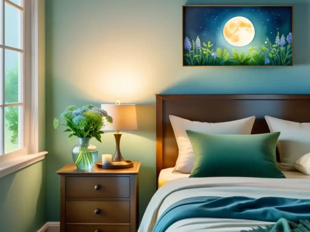 Acogedora habitación con cama decorada en tonos azules y verdes, iluminada por una lámpara y la luz de la luna