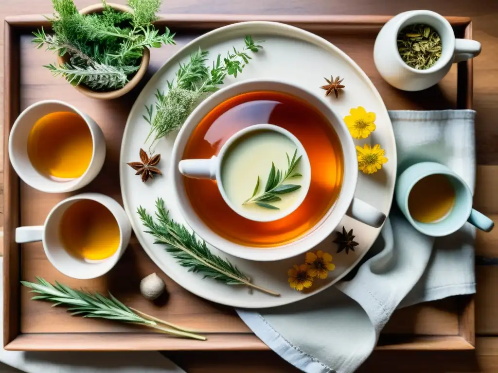 Una acogedora escena de una tetera y tazas de cerámica con infusiones herbales beneficios y usos, sobre una mesa de madera con hierbas secas y flores