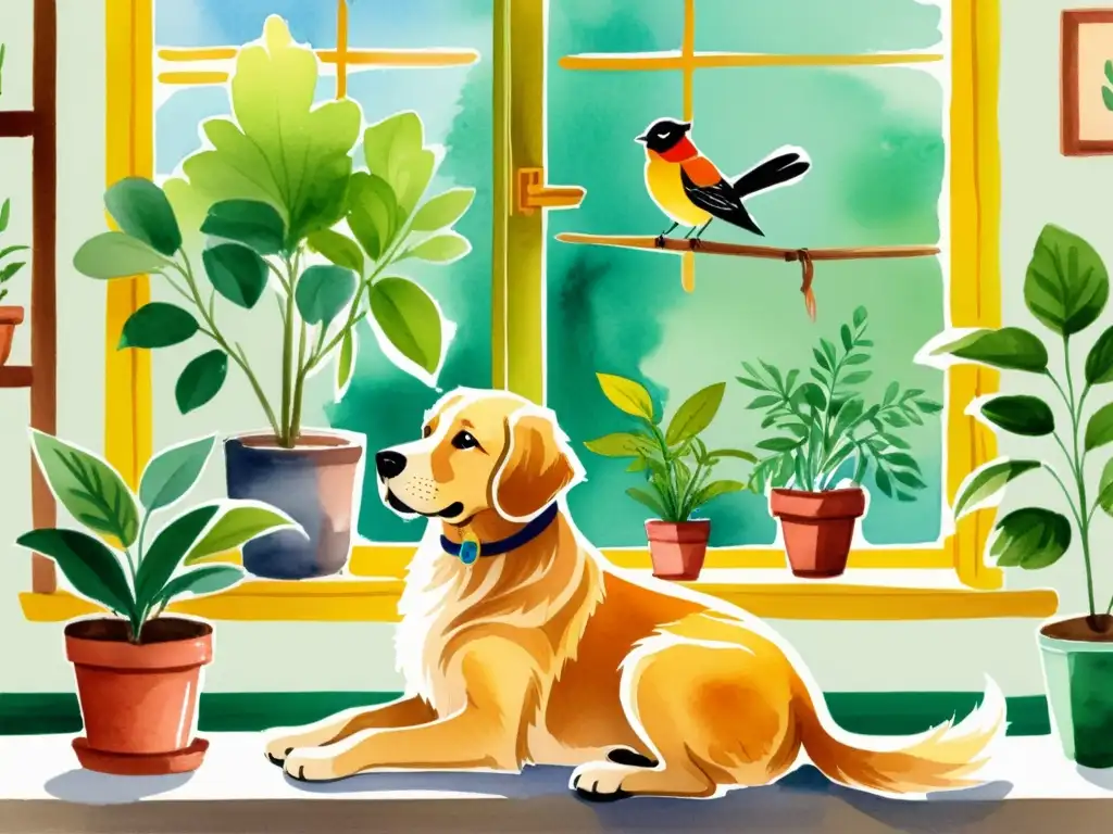 Acogedora ilustración de una habitación soleada con mascotas y plantas, evocando armonía natural y remedios para mascotas