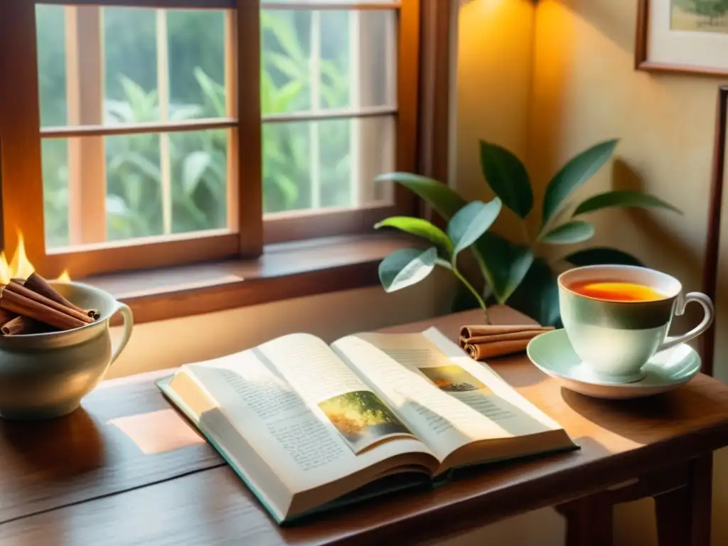 Una acogedora pintura acuarela de una sala iluminada por la cálida luz del sol, con una taza de té de canela humeante sobre una mesa de madera rústica