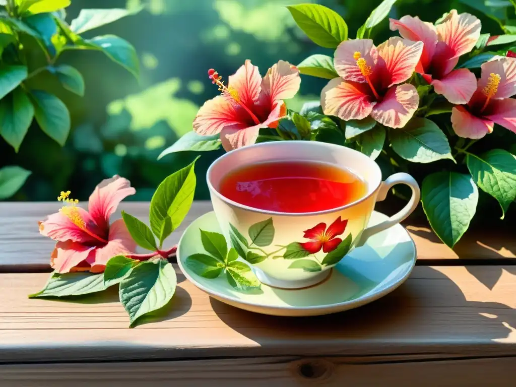 Una ilustración en acuarela de un apacible jardín bañado por el sol, con una taza de té de hibisco humeante en una mesa de madera