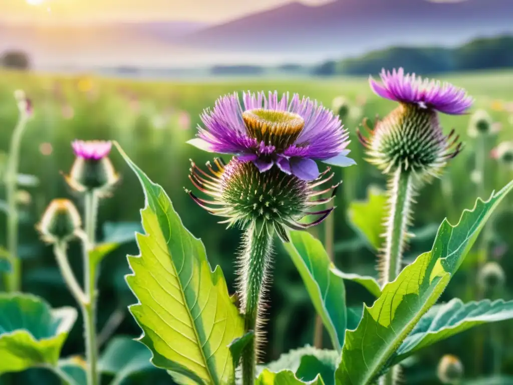 Bellísima ilustración en acuarela de un campo verde exuberante con flores moradas de bardana