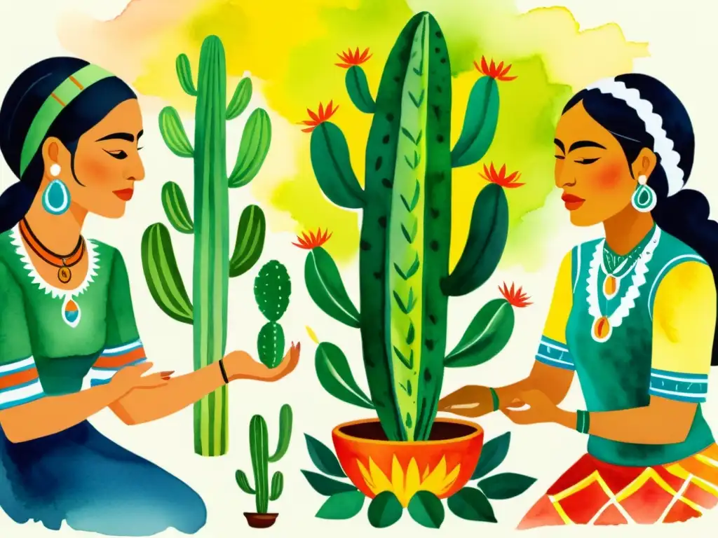 Una ilustración en acuarela de una ceremonia de sanación tradicional Mexica, con un chamán utilizando el nopal en un ritual terapéutico