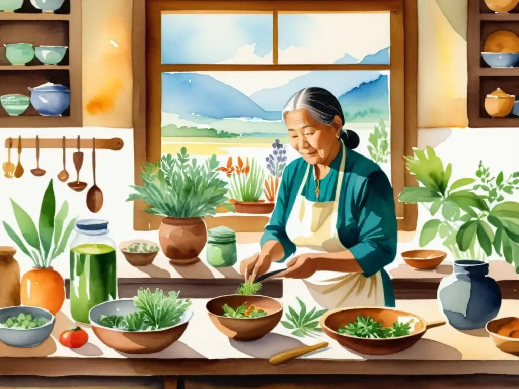 Una acuarela de cocina tradicional con plantas medicinales y recetas ancestrales transmitidas entre generaciones en un ambiente cálido y acogedor