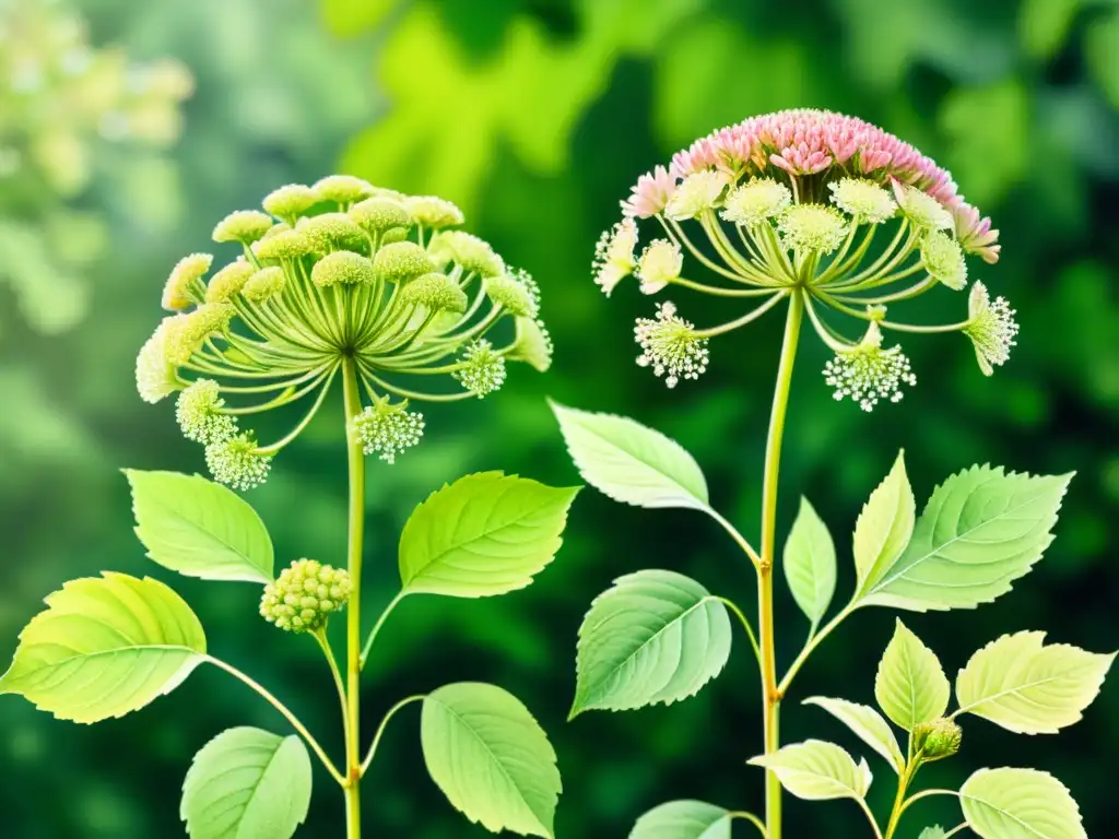 Una acuarela delicada de un exuberante jardín con plantas vibrantes de angelica sinensis