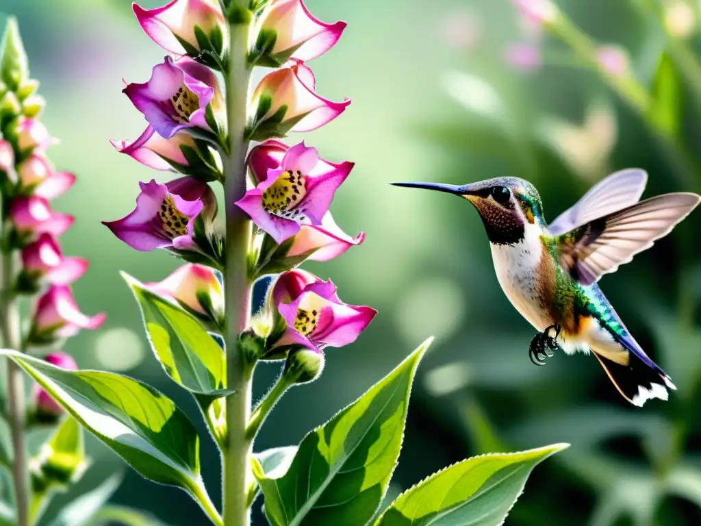 Acuarela delicada de digitalis purpúrea, detalle de flores y hojas con luz solar filtrada y un colibrí