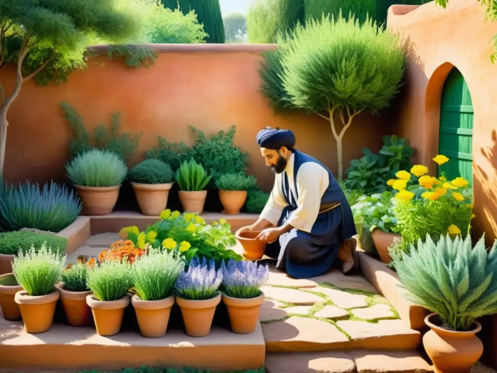 Una acuarela detallada de un apacible jardín de hierbas sufí, con plantas y flores vibrantes en camas elevadas y macetas de terracota