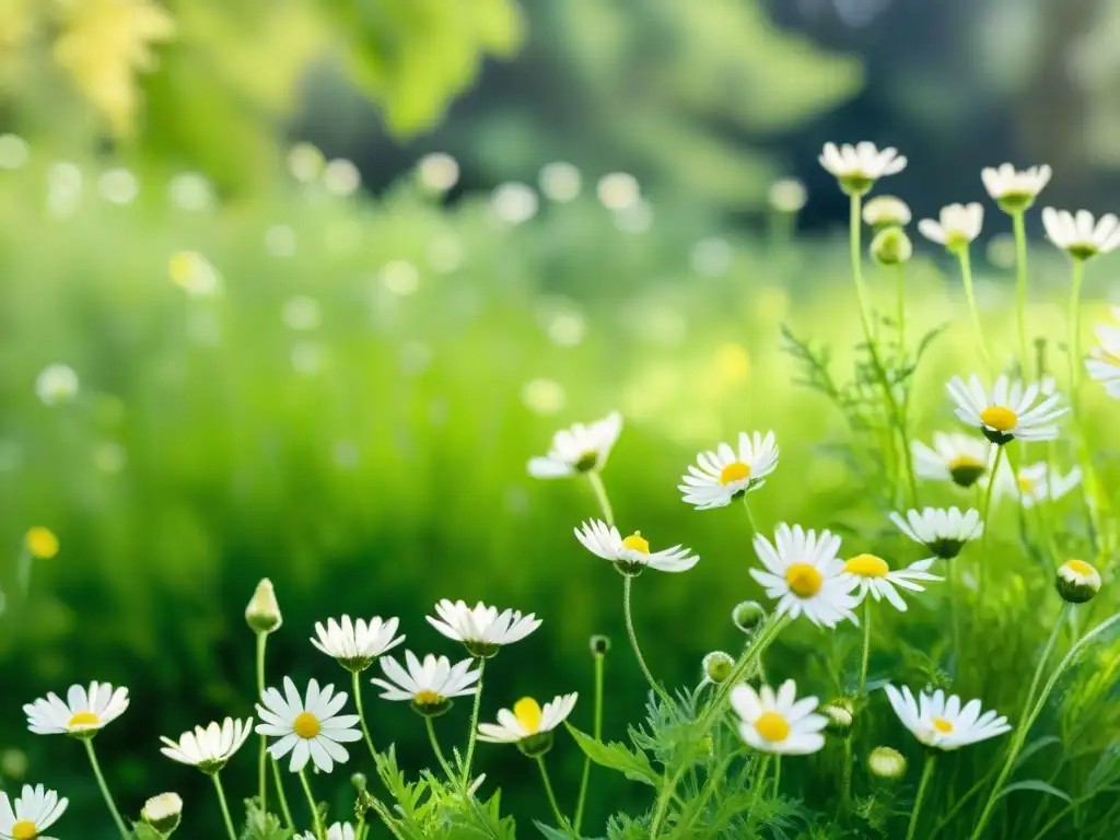 Una acuarela detallada de un apacible jardín de manzanilla, con flores blancas y amarillas destacando en un campo verde exuberante