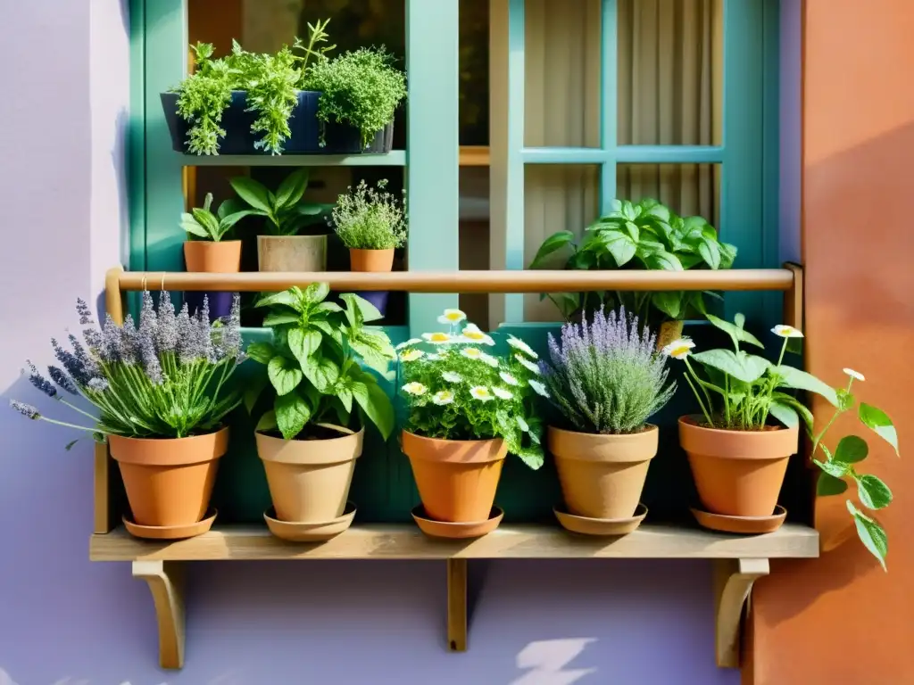 Acuarela detallada de un balcón urbano convertido en jardín de hierbas medicinales en espacios reducidos, con plantas vibrantes y luz solar