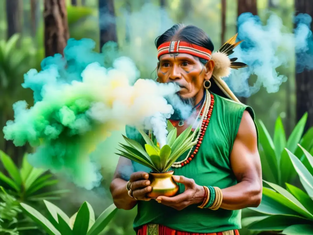 Acuarela detallada de un chamán Tarahumara en un bosque exuberante, realizando un ritual con plantas sagradas