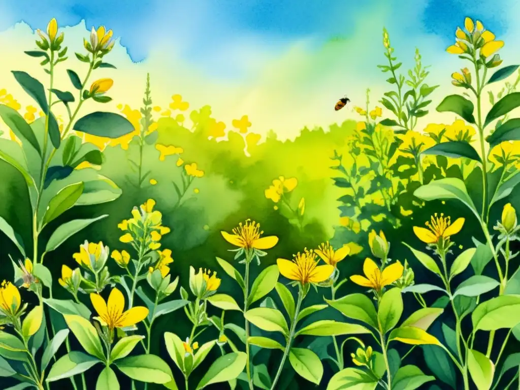 Acuarela detallada de un campo de flores amarillas de hierba de San Juan, con hojas verdes y tallos delgados que alcanzan el cielo