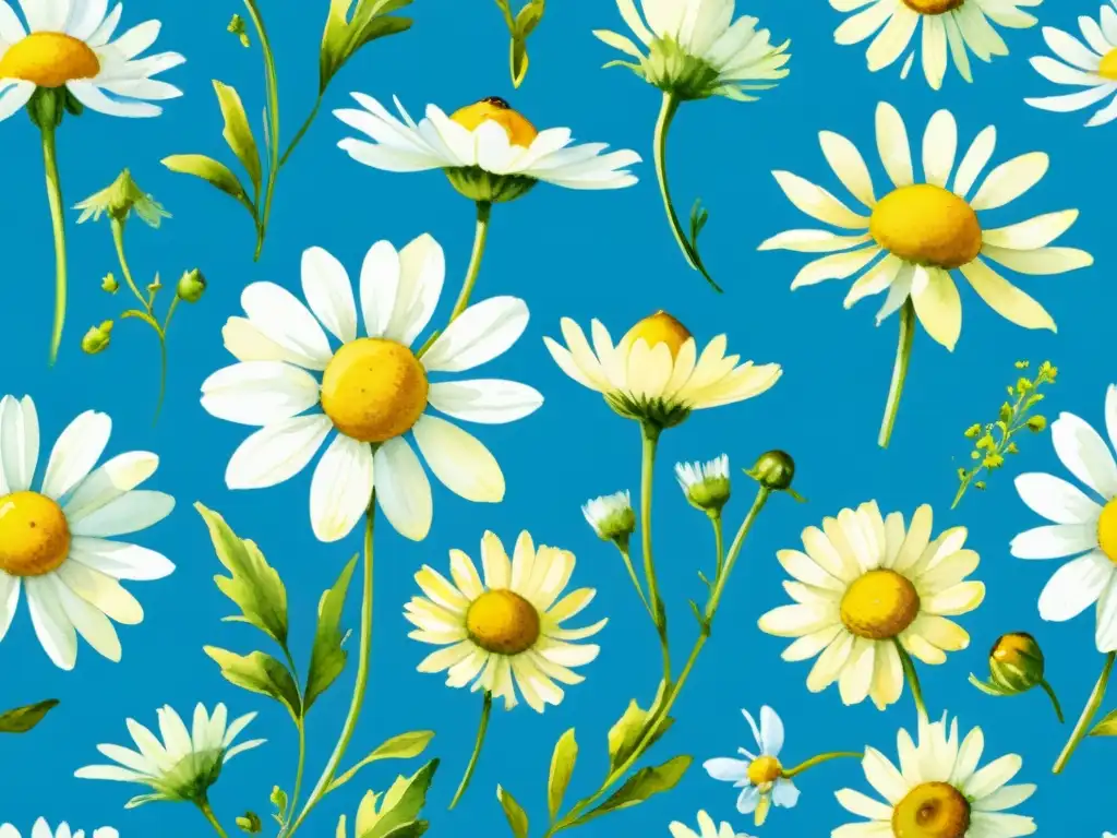 Acuarela detallada de un campo sereno de manzanilla, con pétalos blancos y centros amarillos