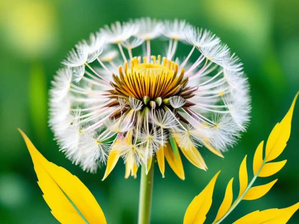 Una ilustración en acuarela detallada de un diente de león floreciente, con pétalos amarillos vibrantes y hojas delicadas