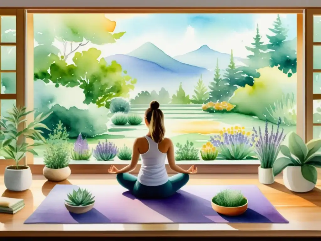 Acuarela detallada de un espacio sereno de yoga y meditación con hierbas para aumentar la intuición, creando una atmósfera tranquila y natural
