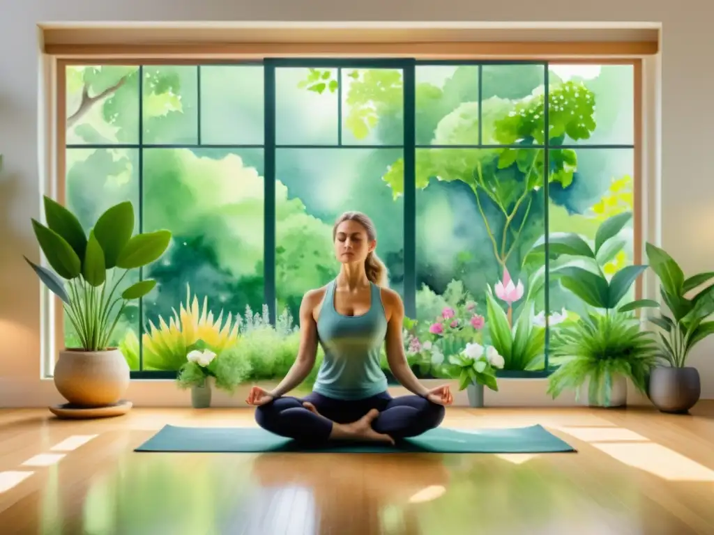 Acuarela detallada de un estudio de yoga sereno, con luz natural y hierbas medicinales para práctica Pranayama