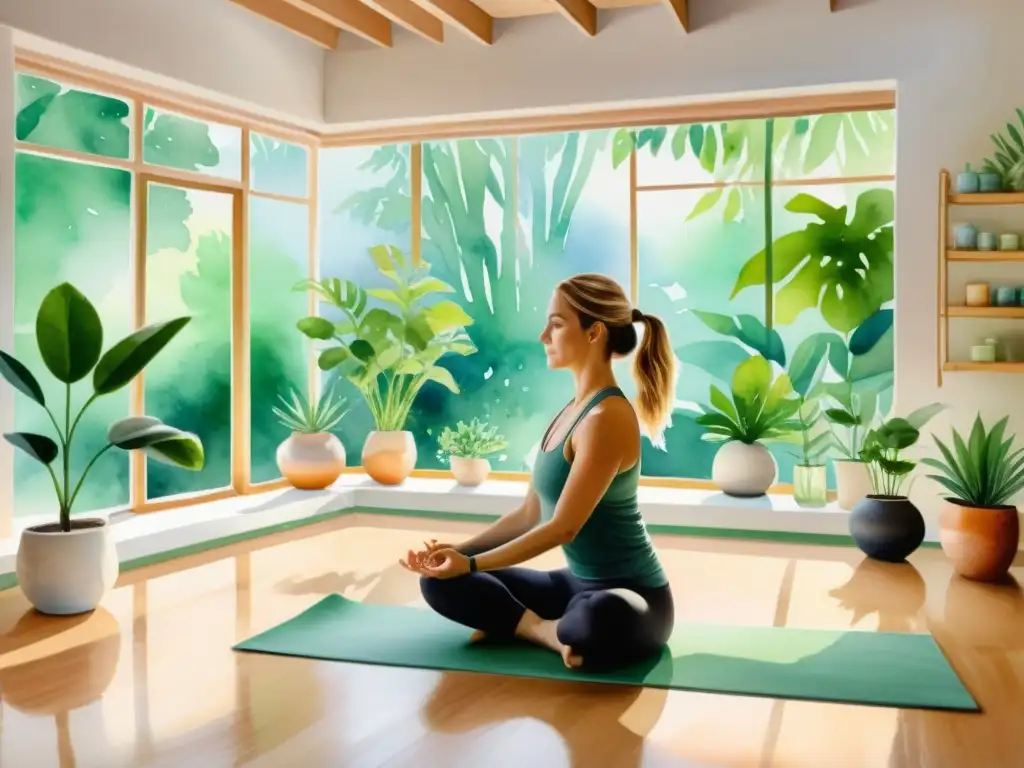 Una acuarela detallada de un estudio de yoga sereno con atletas practicando aromaterapia y mindfulness