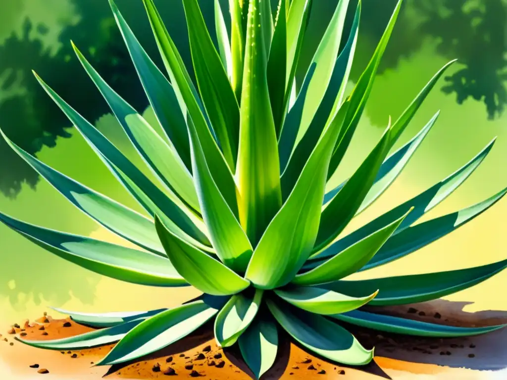 Una acuarela detallada de un exuberante aloe vera con hojas verdes vibrantes, creando un ambiente sereno