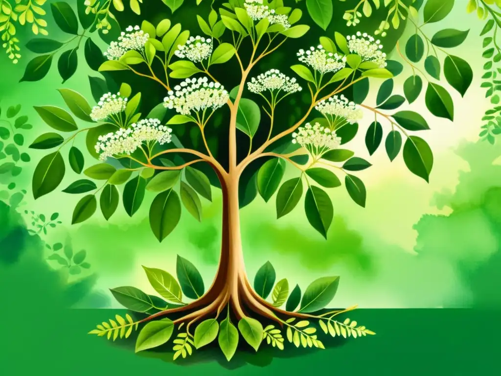 Una ilustración en acuarela detallada de un exuberante árbol de Moringa con hojas verdes vibrantes y delicadas flores blancas