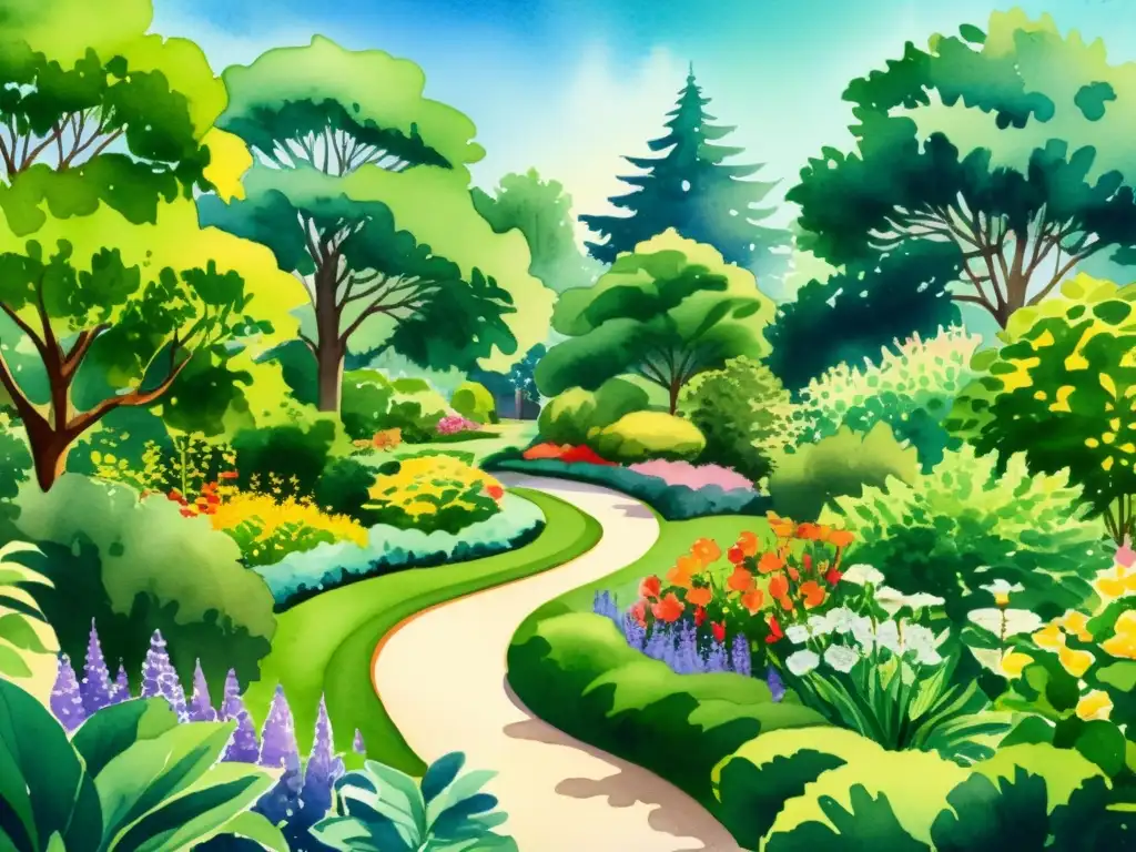 Acuarela detallada de un exuberante jardín botánico, resaltando la importancia de la diversidad vegetal en educación