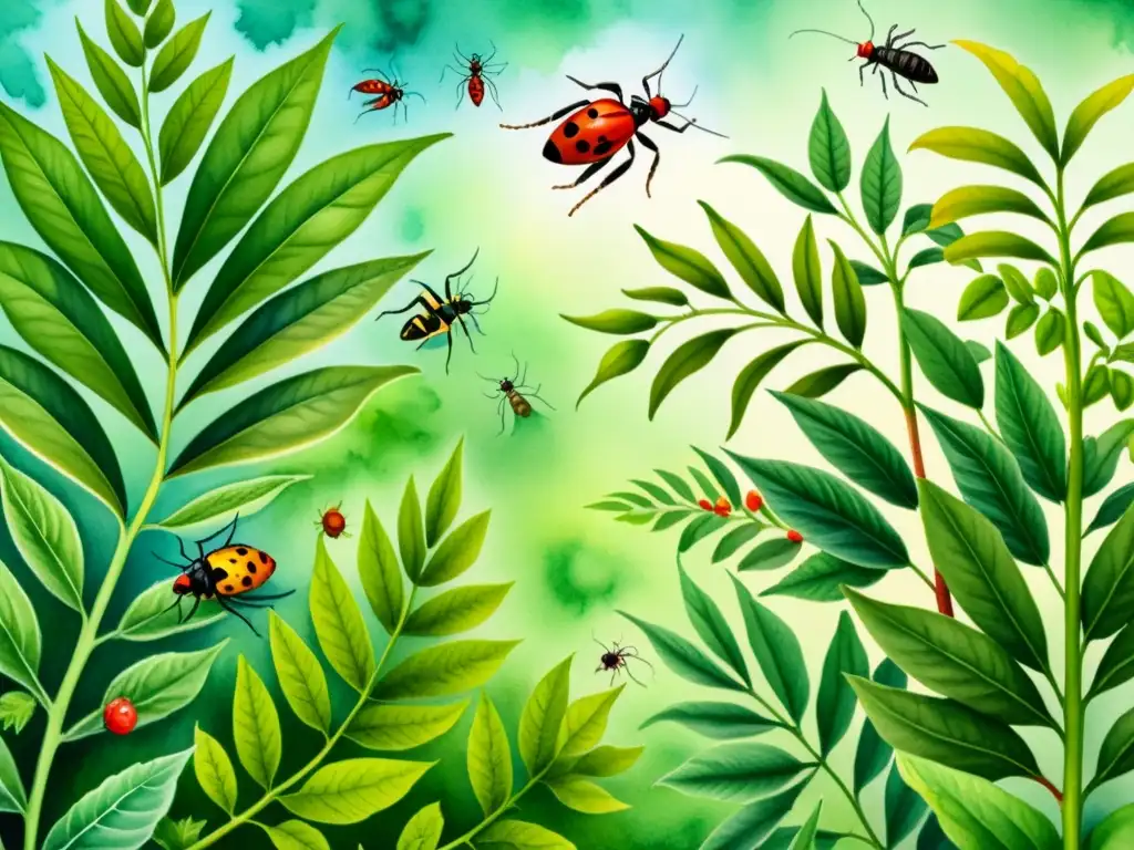 Una ilustración en acuarela detallada de un exuberante jardín con plantas medicinales, luchando contra una infestación de araña roja