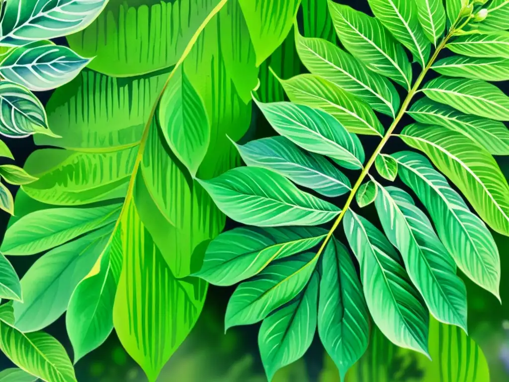 Una acuarela detallada de un exuberante jardín con plantas de ajenjo, sus hojas plateado-verdosas brillando con el rocío de la mañana