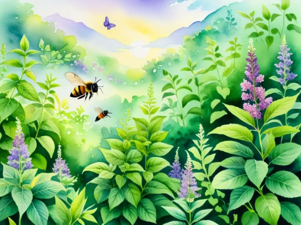 Jardín sagrado de tulsi: acuarela vibrante Acuarela detallada de un exuberante jardín con plantas de Albahaca Sagrada