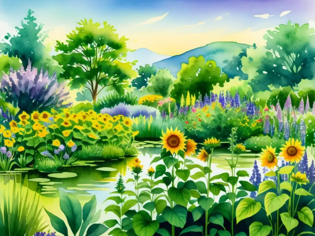 Una ilustración en acuarela detallada de un exuberante jardín lleno de plantas medicinales, con una precisión y color vibrante impresionantes