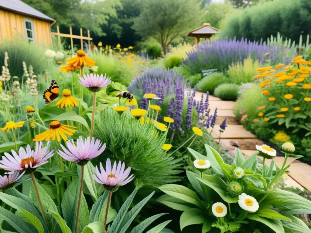 Una acuarela detallada de un exuberante jardín medicinal en permacultura, rebosante de biodiversidad, vida y color