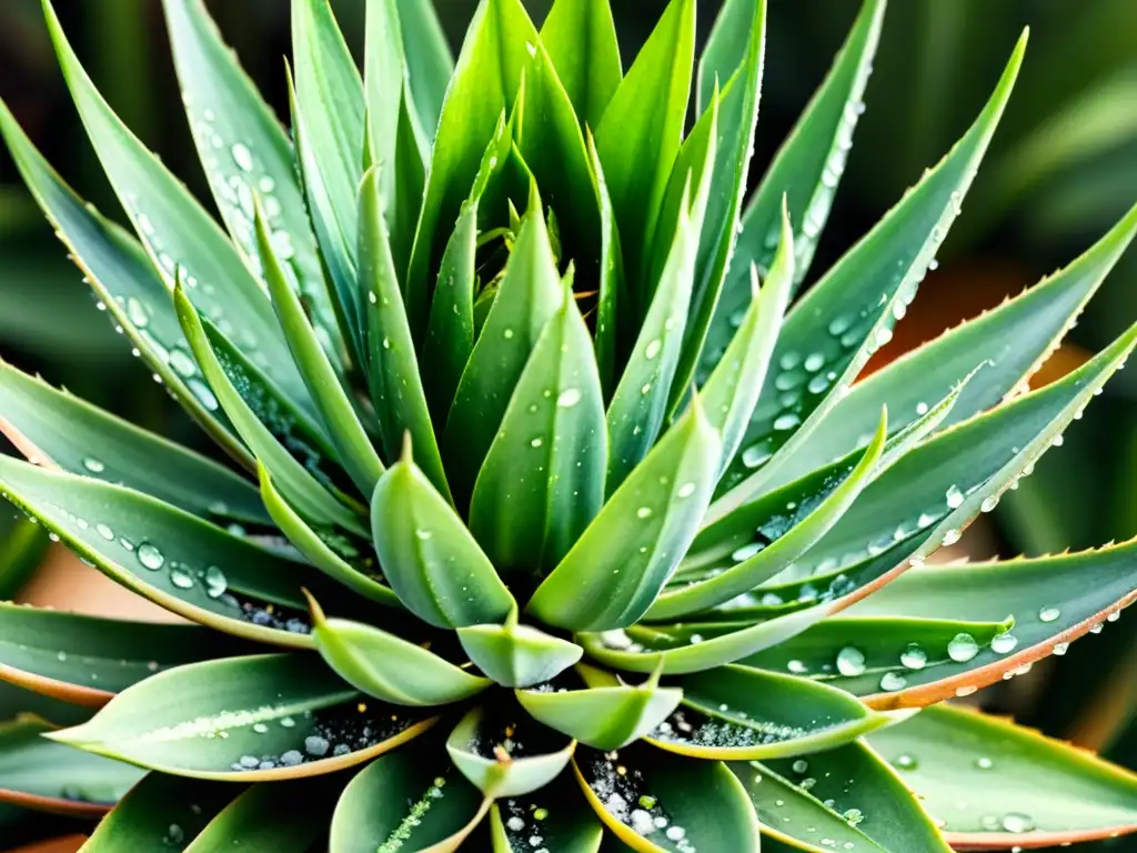 Acuarela detallada de la exuberante planta de sábila, con hojas verdes vibrantes y motas blancas, evocando su belleza natural y usos terapéuticos