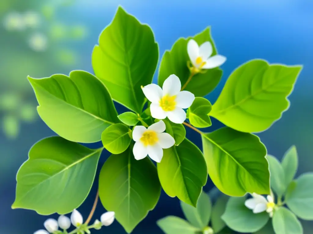 Acuarela detallada de una exuberante planta Bacopa Monnieri con flores blancas, en un jardín de agua sereno