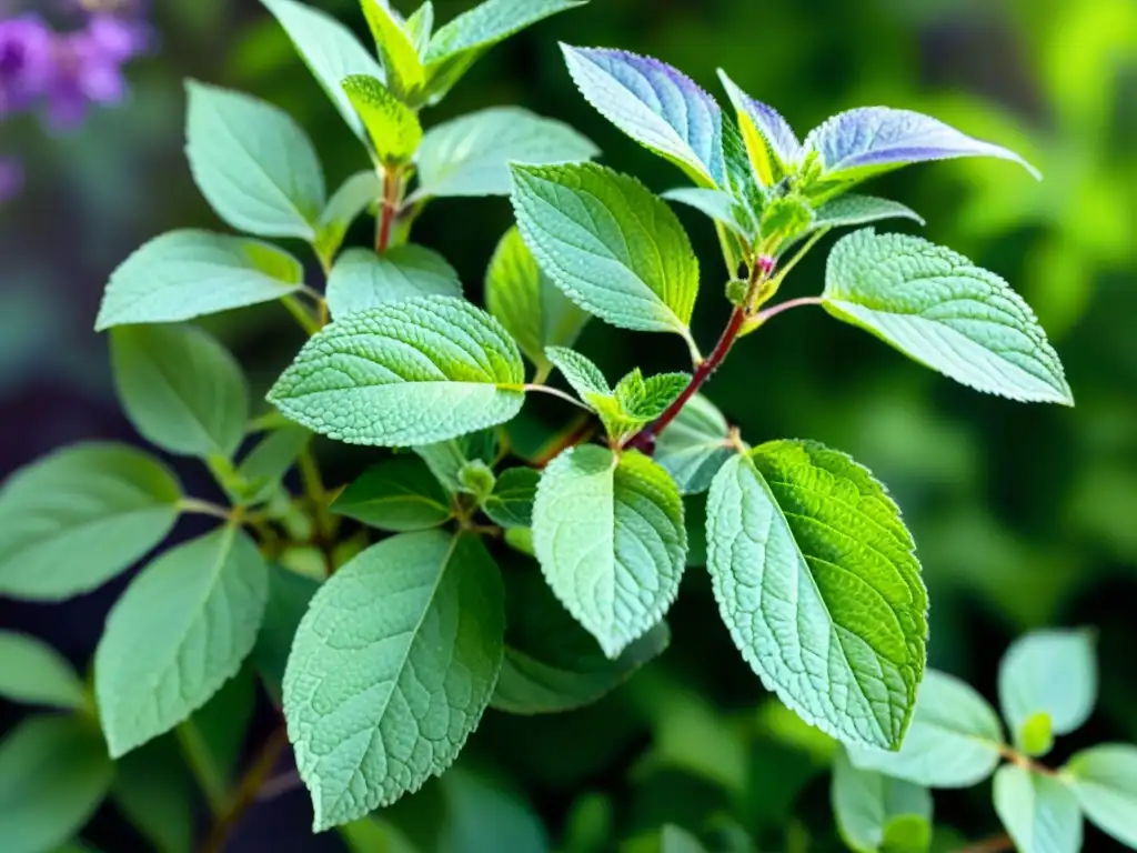 Acuarela detallada de una exuberante planta de menta con flores moradas, irradiando tranquilidad