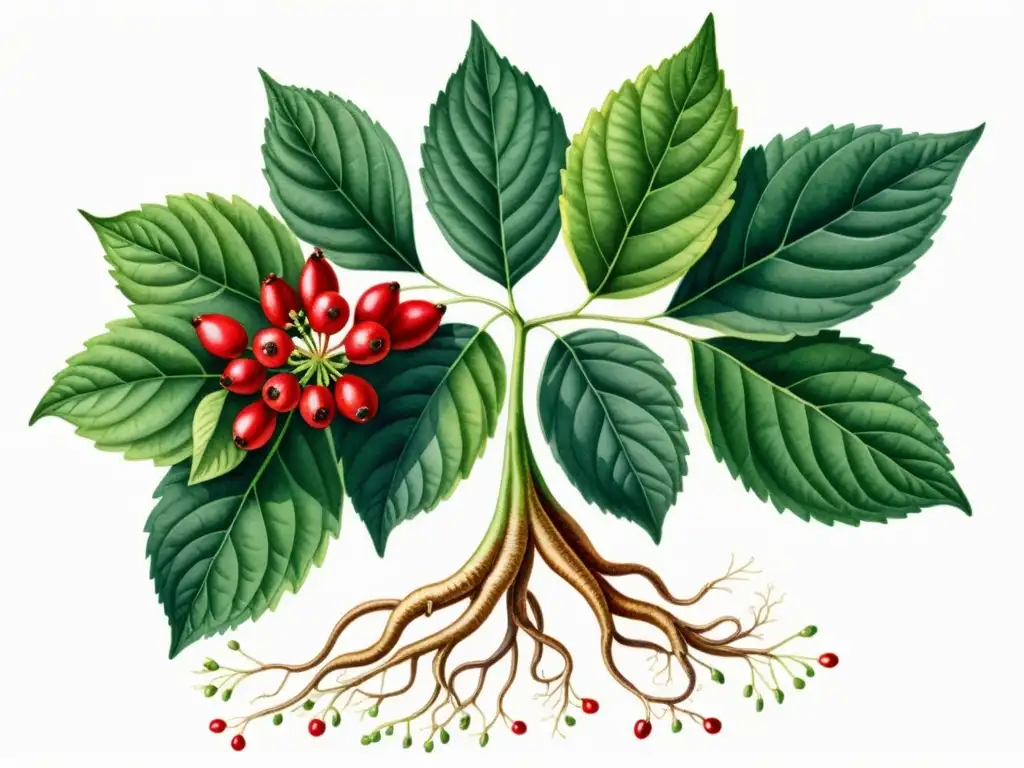 Ilustración en acuarela detallada de una exuberante planta de ginseng con hojas verdes vibrantes y brillantes bayas rojas