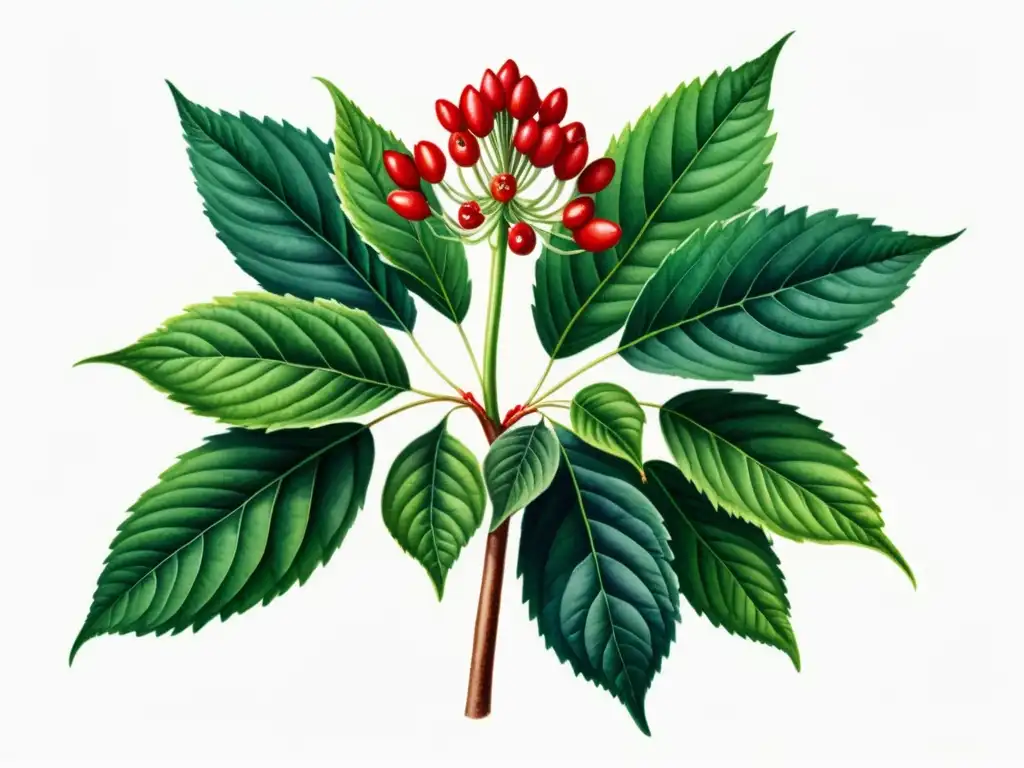 Acuarela detallada de una exuberante planta de ginseng con hojas verdes vibrantes y bayas rojas, en un entorno natural sereno