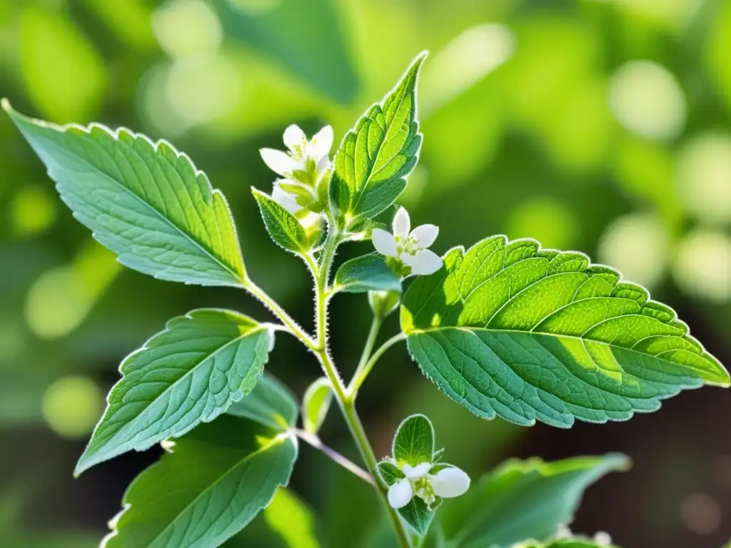 Una acuarela detallada de una exuberante planta de stevia, con hojas verdes delicadas y pequeñas flores blancas, en un campo vibrante y soleado