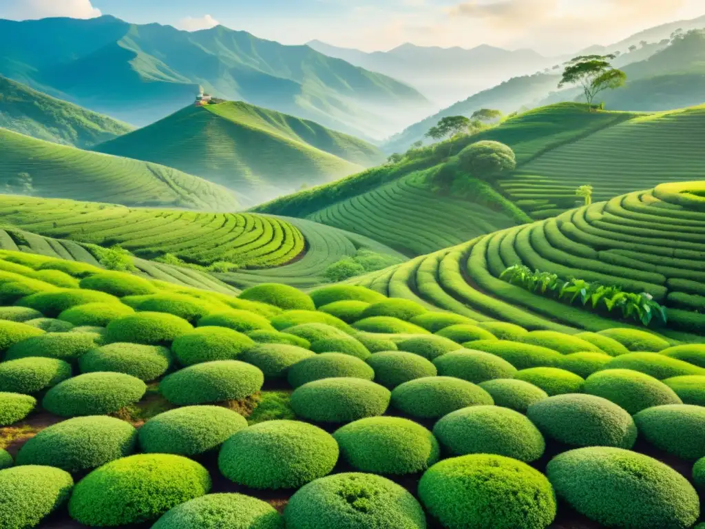 Una acuarela detallada de una exuberante plantación de té, con hojas verdes vibrantes cubriendo las colinas