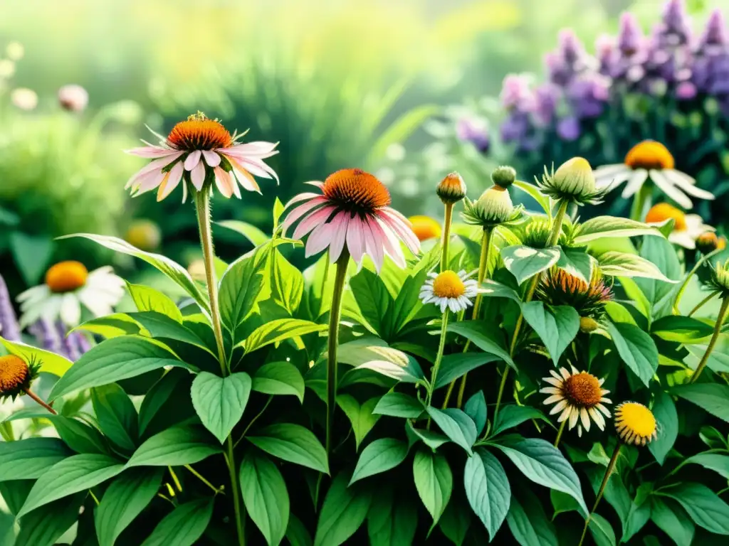 Acuarela detallada en 8k de un exuberante jardín botánico, con plantas medicinales como equinácea, ginseng y lavanda