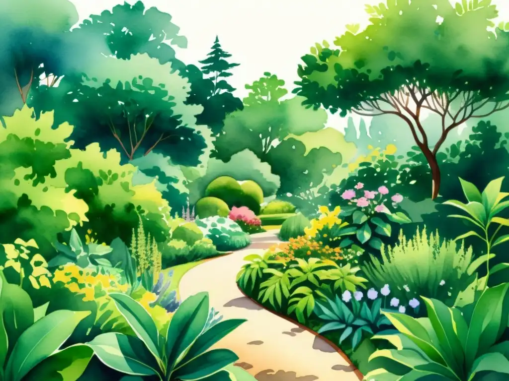 Una ilustración en acuarela detallada de un exuberante jardín botánico, con plantas vibrantes en plena floración