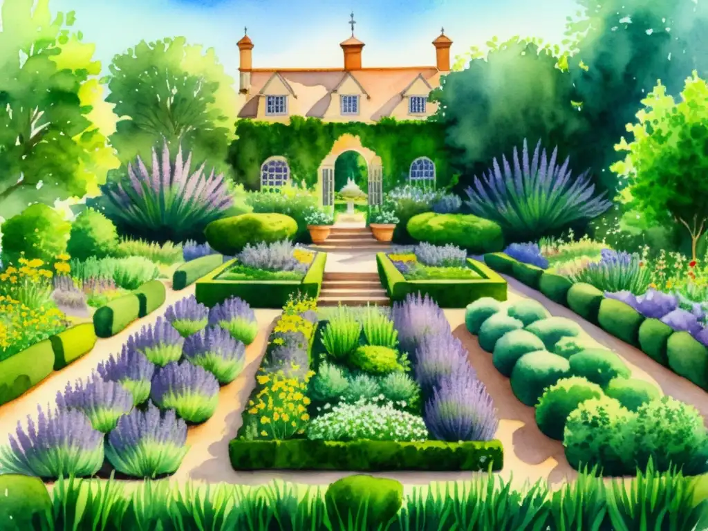 Jardín real de hierbas: acuarela detallada Una acuarela detallada de un exuberante jardín real lleno de hierbas aromáticas