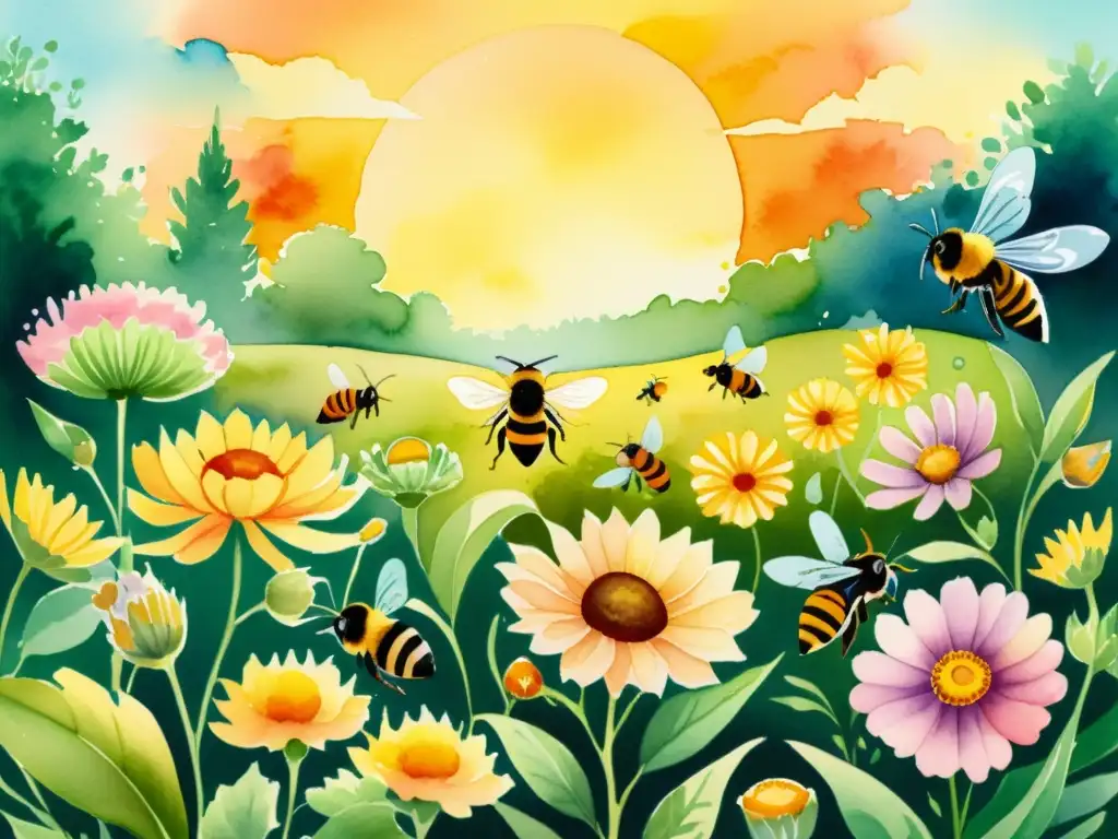 Una ilustración en acuarela detallada de un exuberante jardín vibrante, lleno de flores coloridas y abejas zumbando