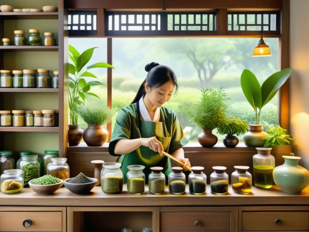 Una acuarela detallada muestra una farmacia de medicina china con hierbas y té verde, resaltando los beneficios del té verde en medicina china