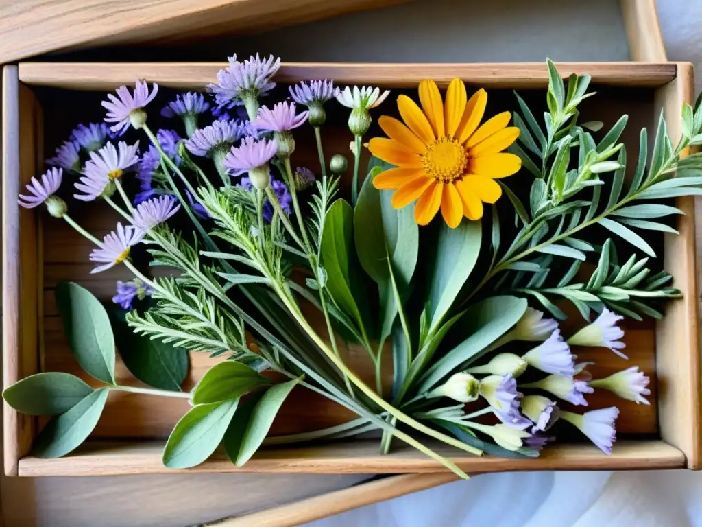 Acuarela detallada de hierbas y flores en caja de madera, evocando la elaboración de tinturas herbales conservación