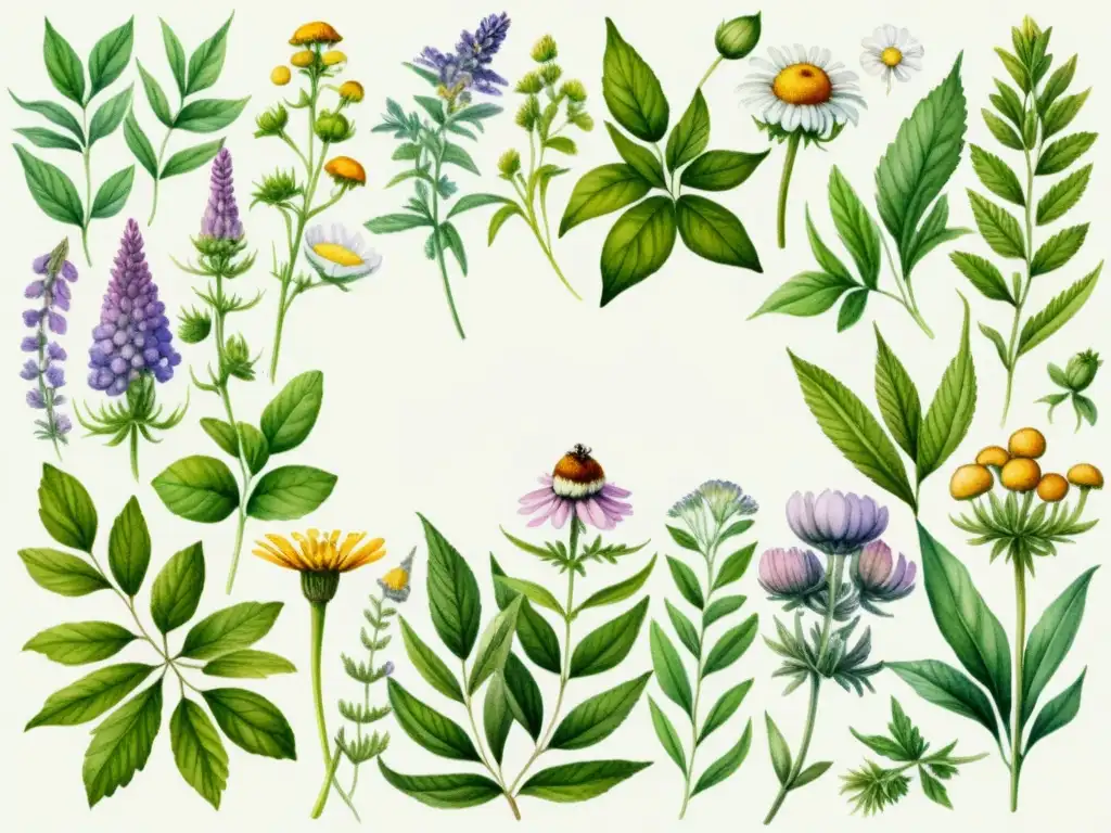 Acuarela detallada de hierbas medicinales como manzanilla, lavanda, equinácea y ginseng