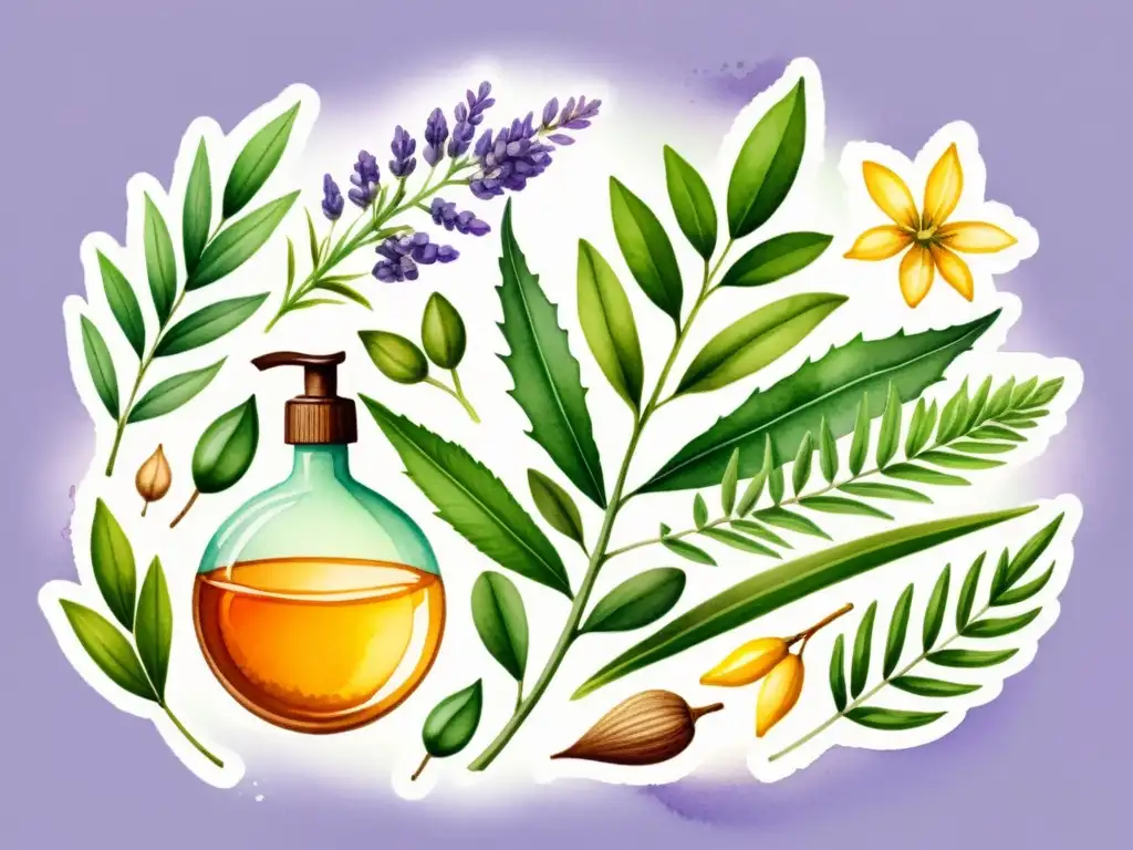 Acuarela detallada de ingredientes herbales para remedios naturales contra el acné