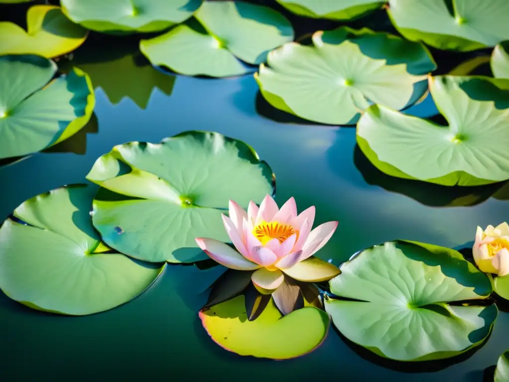 Acuarela detallada de un loto sagrado en un estanque tranquilo rodeado de nenúfares verdes