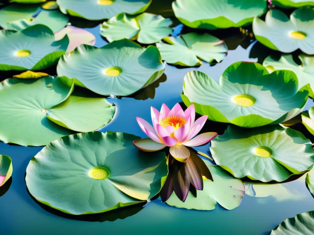 Acuarela detallada de loto sagrado en un estanque sereno con hojas verdes y flores rosadas en varios estados de floración