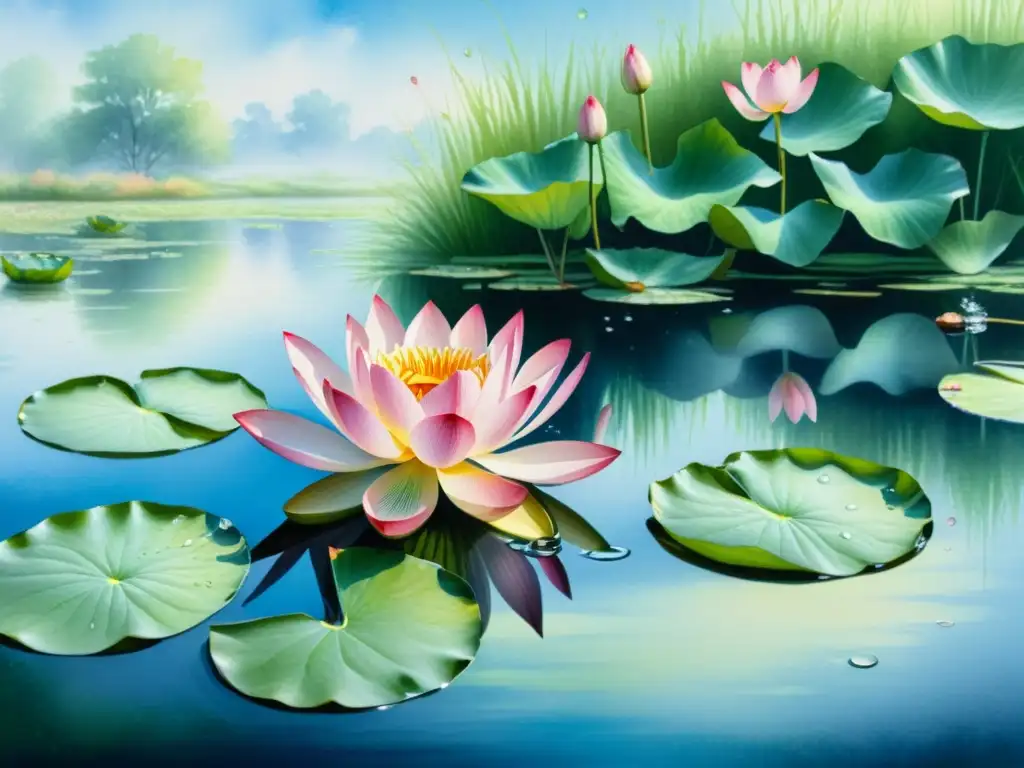 Acuarela detallada: loto sagrado en uso ritualístico en un estanque sereno con flores rosadas vibrantes
