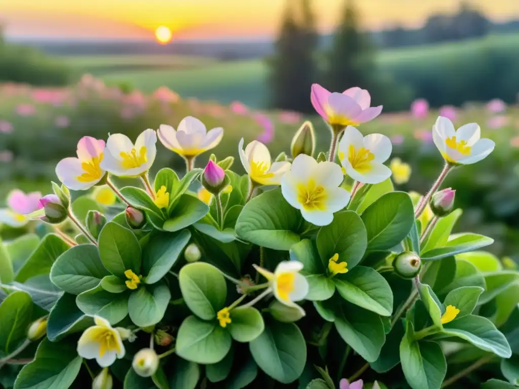 Acuarela detallada de prímula nocturna, con pétalos rosa y amarillos iluminados por la suave luz del atardecer