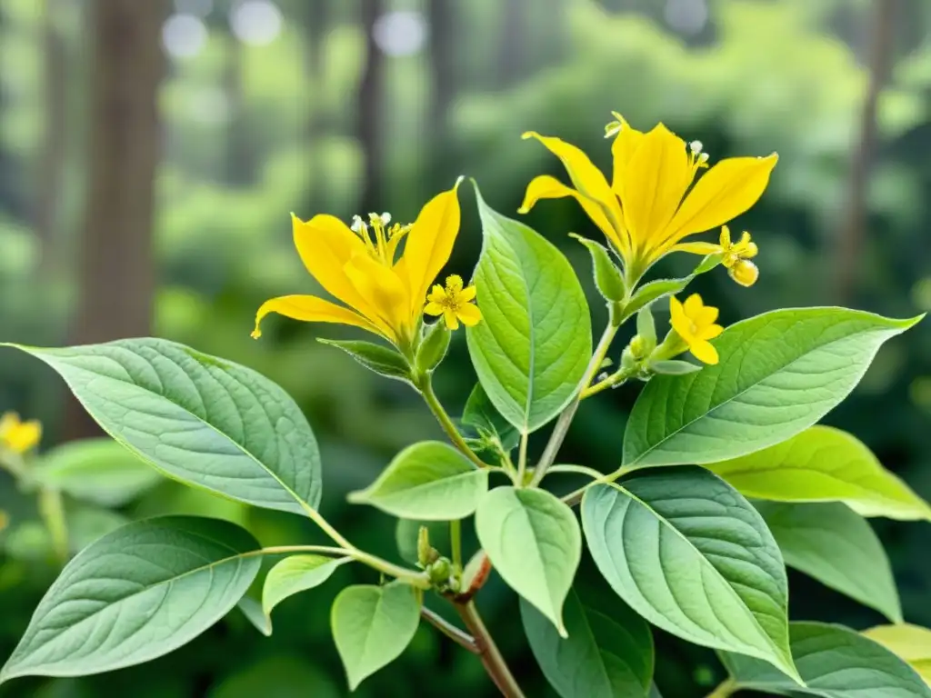 Acuarela detallada de la planta de damiana, con hojas verdes y flores amarillas, en un bosque soleado, evocando el efecto afrodisíaco de la damiana